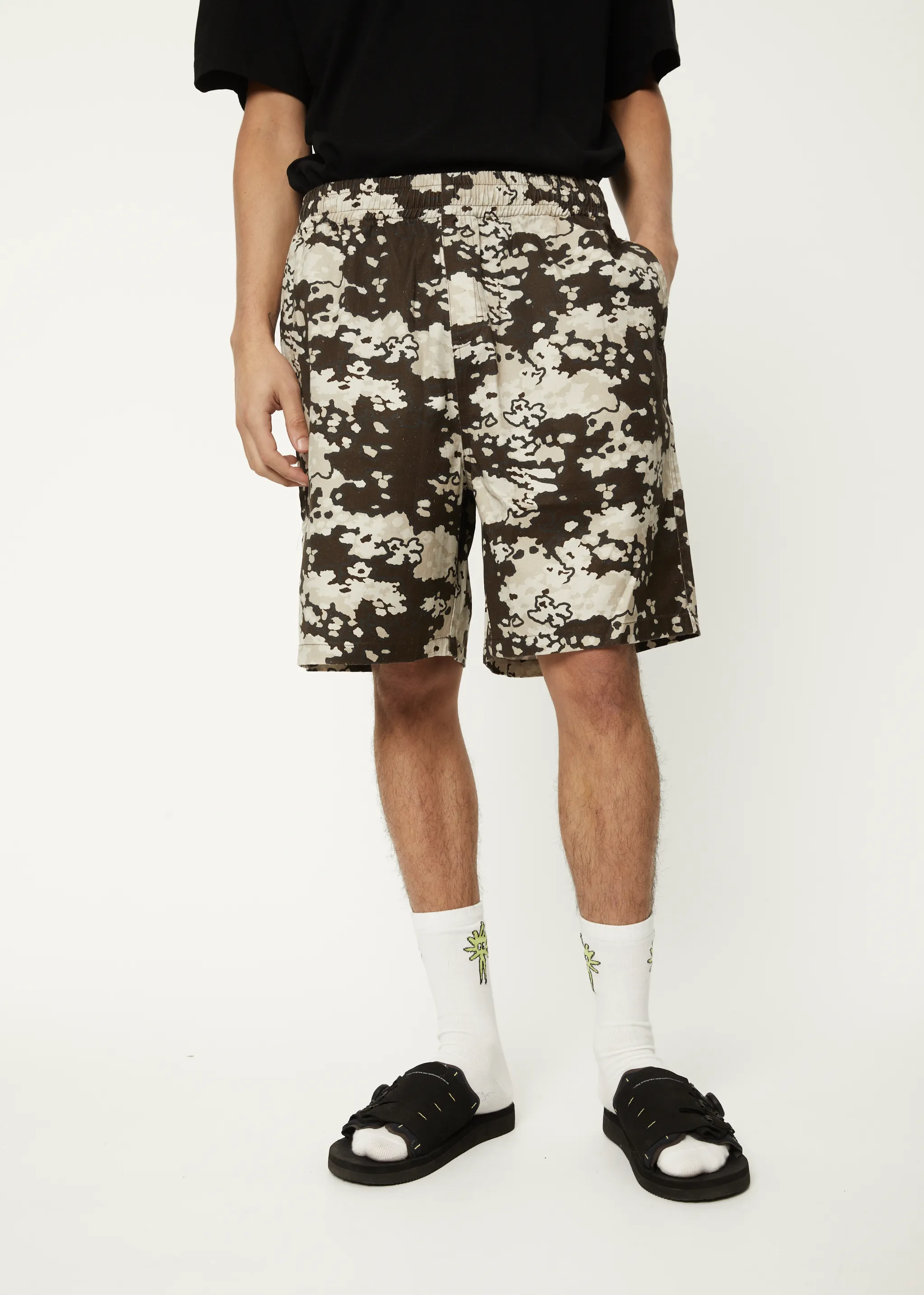 AFENDS Mens Ninety Eights - Baggy Elastic Waist Shorts - Earth Camo