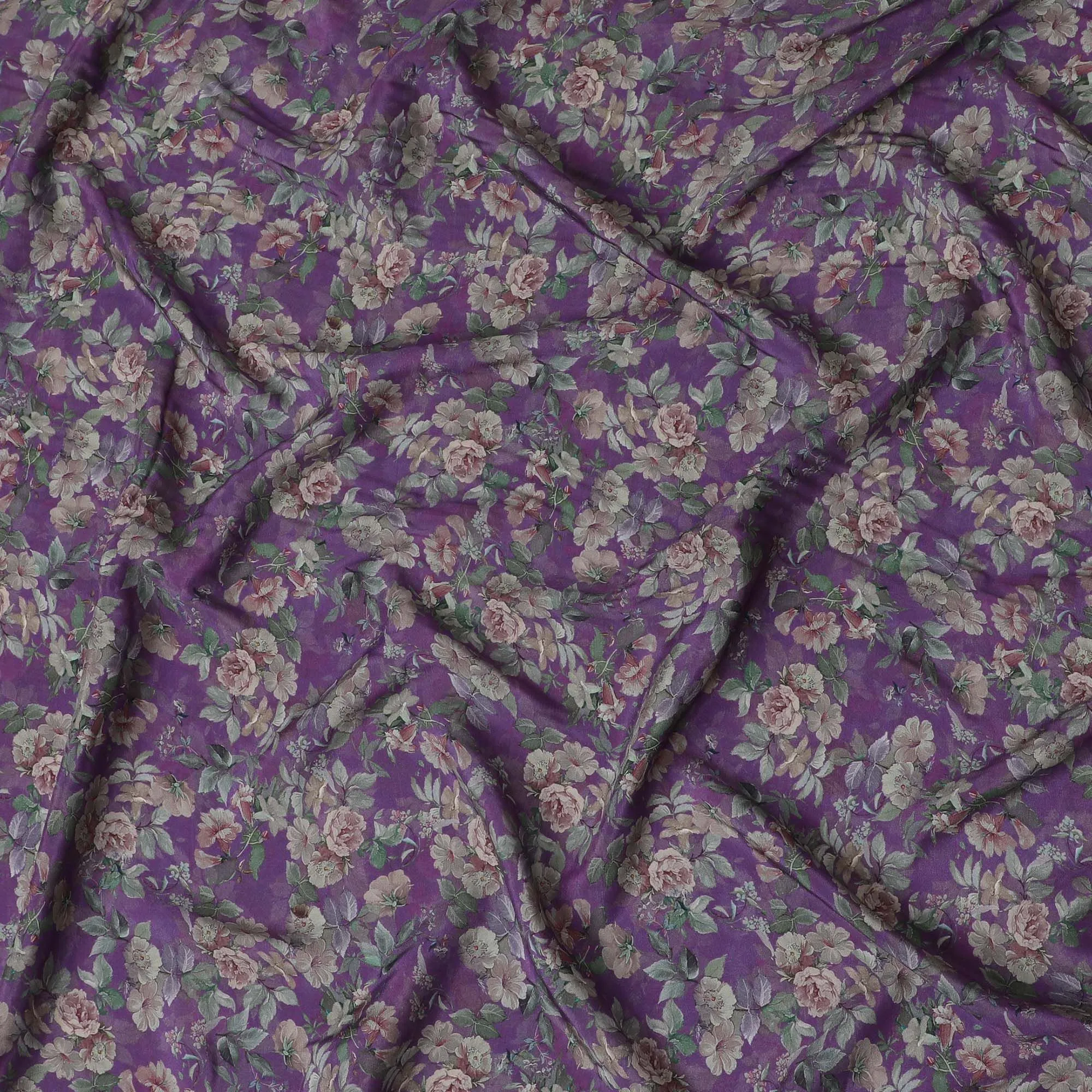 Amethyst Garden Viscose Crepe Fabric - Romantic Floral Print, Luxurious Feel, 110cm Width (India)  - D17649