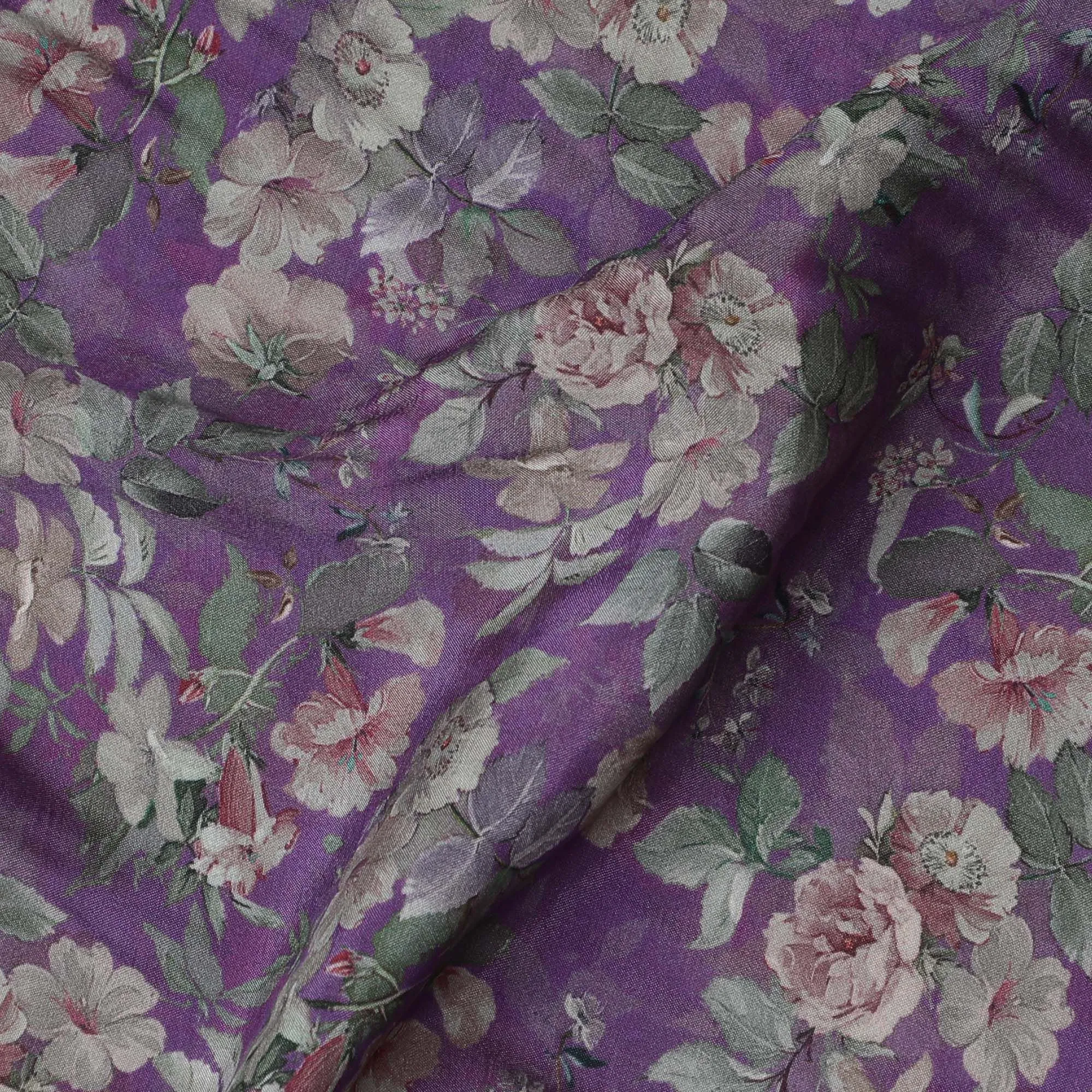 Amethyst Garden Viscose Crepe Fabric - Romantic Floral Print, Luxurious Feel, 110cm Width (India)  - D17649