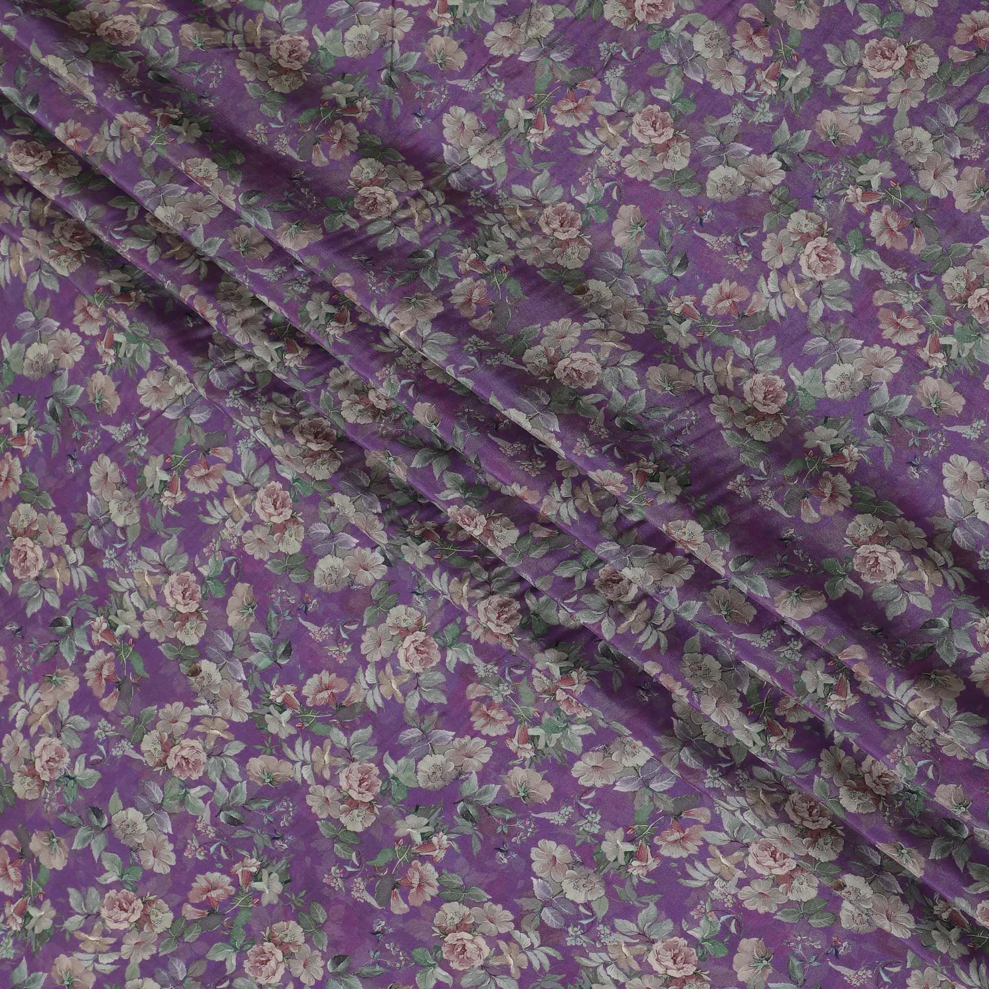 Amethyst Garden Viscose Crepe Fabric - Romantic Floral Print, Luxurious Feel, 110cm Width (India)  - D17649