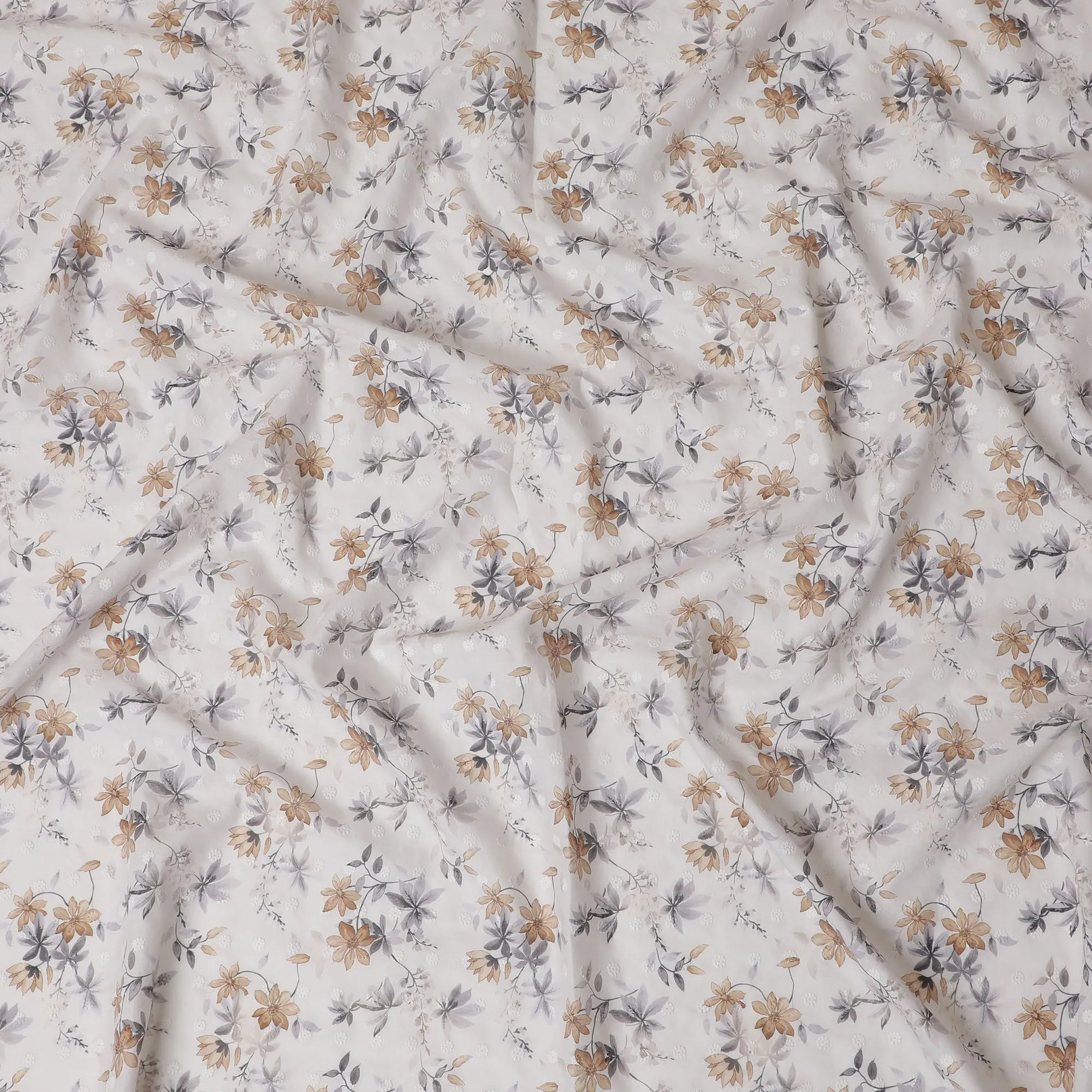 Antique Floral Embroidered Cotton Lawn Fabric, 110cm Wide - Sold by the Meter from India-D18864