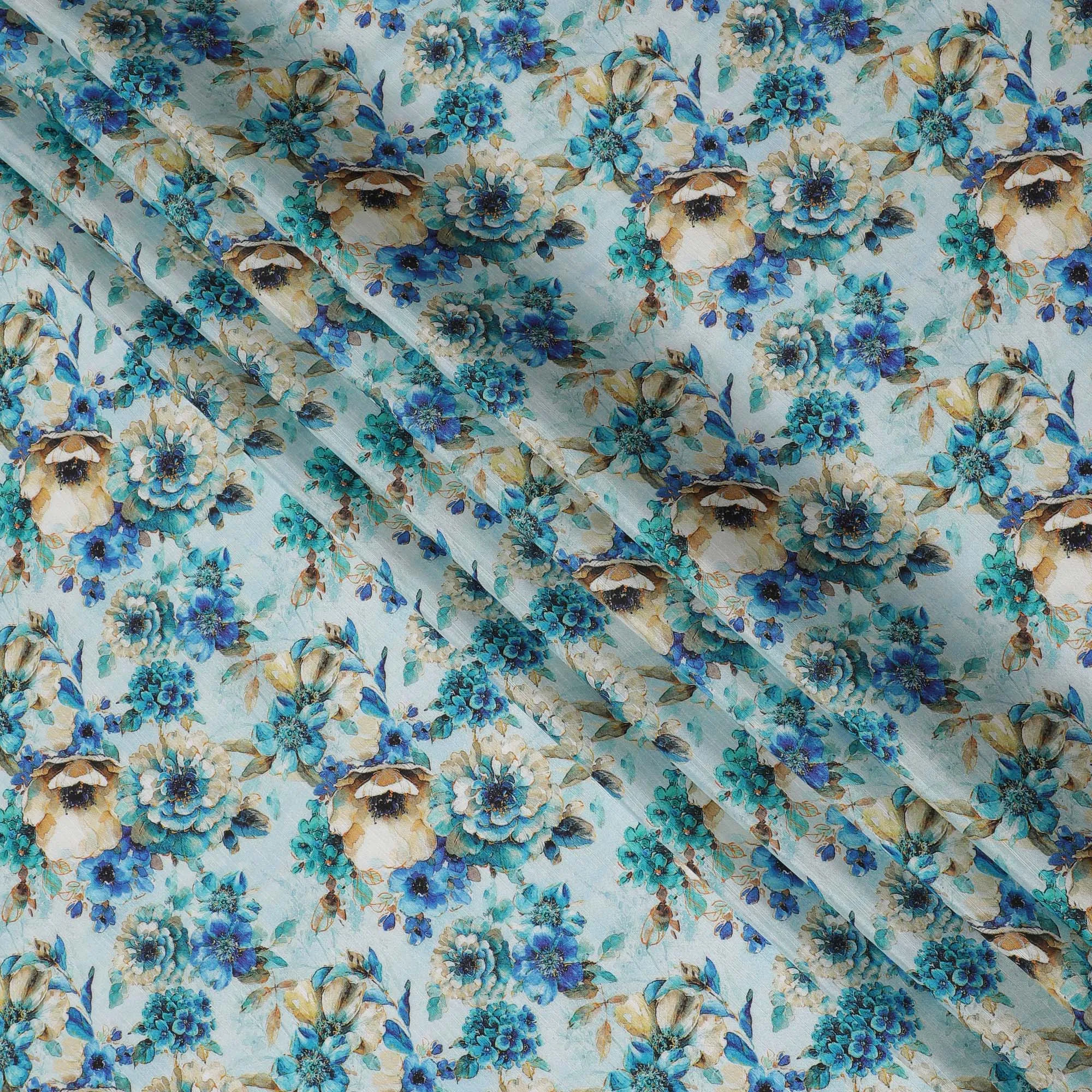 Aqua Blue and Beige Floral Viscose Modal Satin Fabric - 110 cm Width-D19983