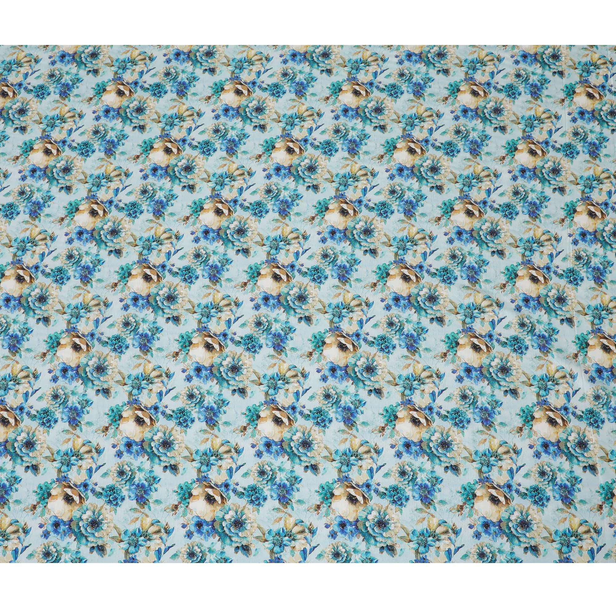 Aqua Blue and Beige Floral Viscose Modal Satin Fabric - 110 cm Width-D19983