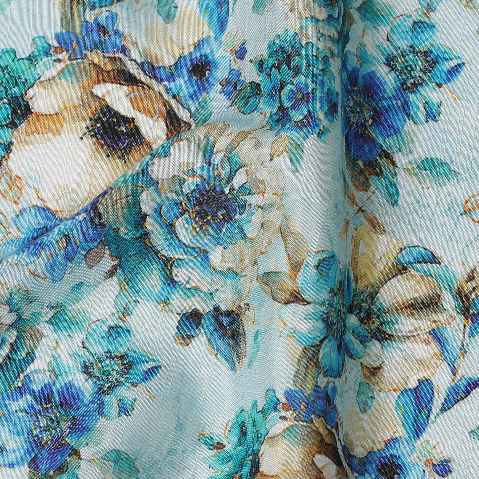 Aqua Blue and Beige Floral Viscose Modal Satin Fabric - 110 cm Width-D19983