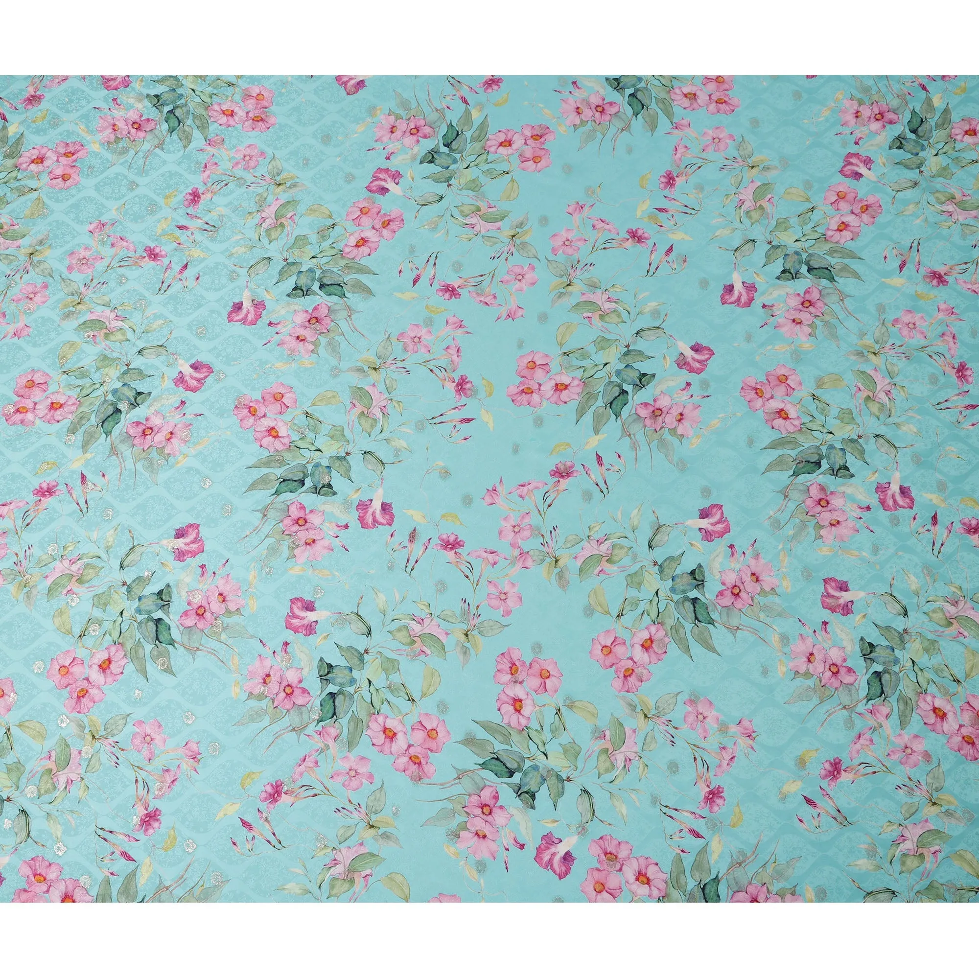 Aqua Floral Silk Satin Fabric with Metallic Accents, Width 140 cm, South Korea-D21284