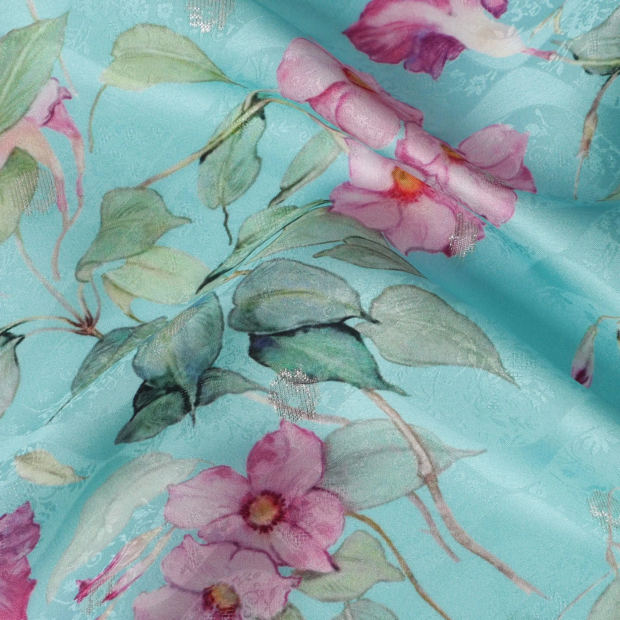 Aqua Floral Silk Satin Fabric with Metallic Accents, Width 140 cm, South Korea-D21284