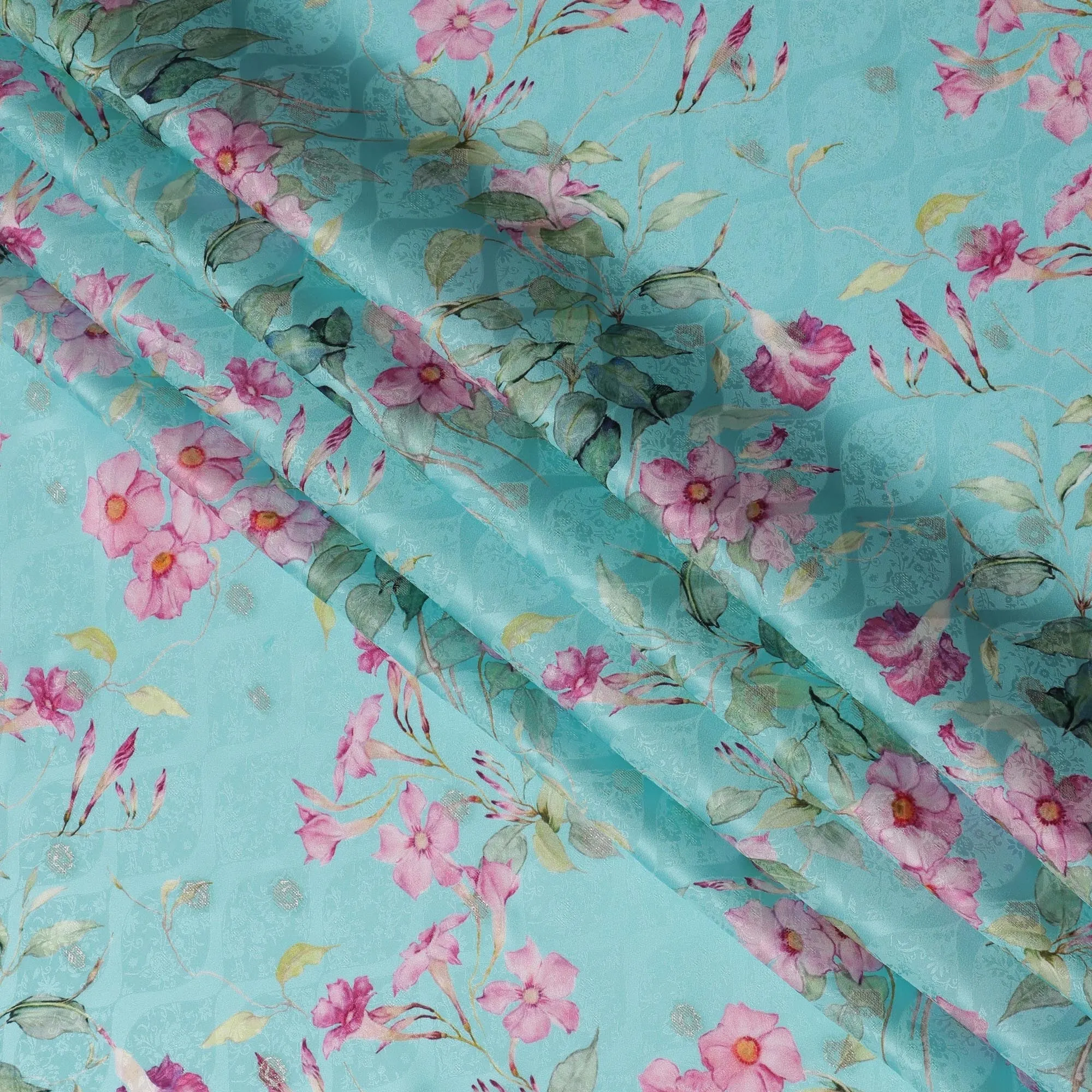 Aqua Floral Silk Satin Fabric with Metallic Accents, Width 140 cm, South Korea-D21284