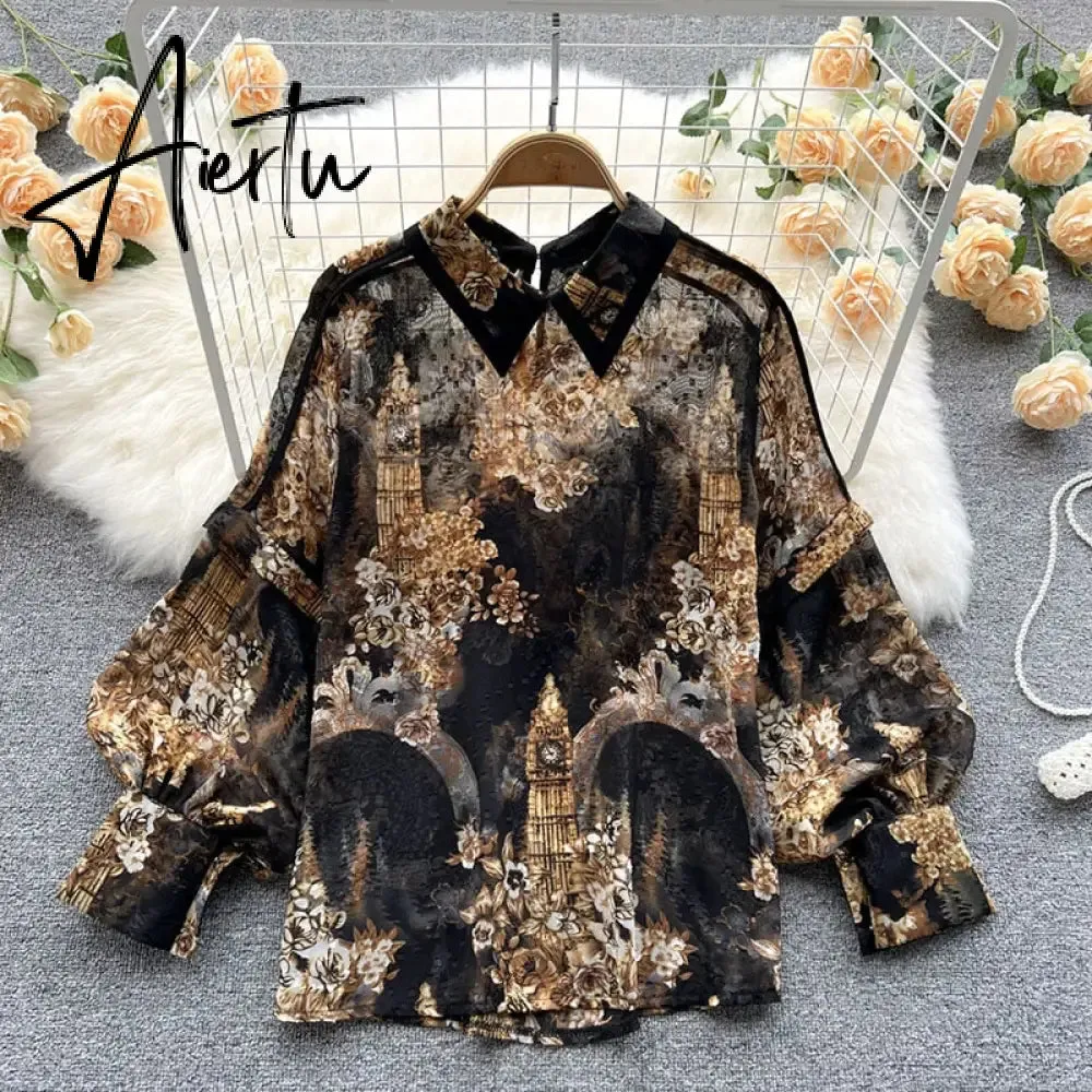 Autumn Puff Sleeve Shirts Blouse Women Floral Long Sleeve Lapel Buttons Vintage Shirts Elegant Blouses Tops Female GD631