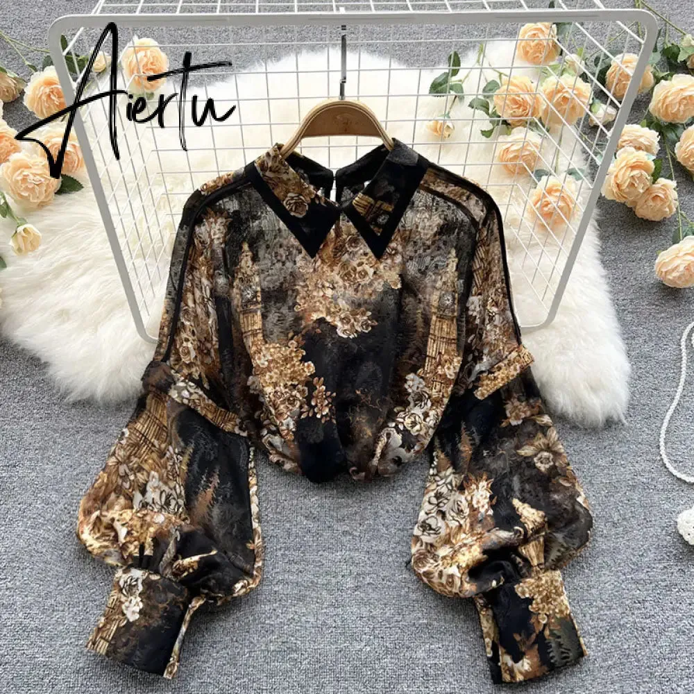 Autumn Puff Sleeve Shirts Blouse Women Floral Long Sleeve Lapel Buttons Vintage Shirts Elegant Blouses Tops Female GD631