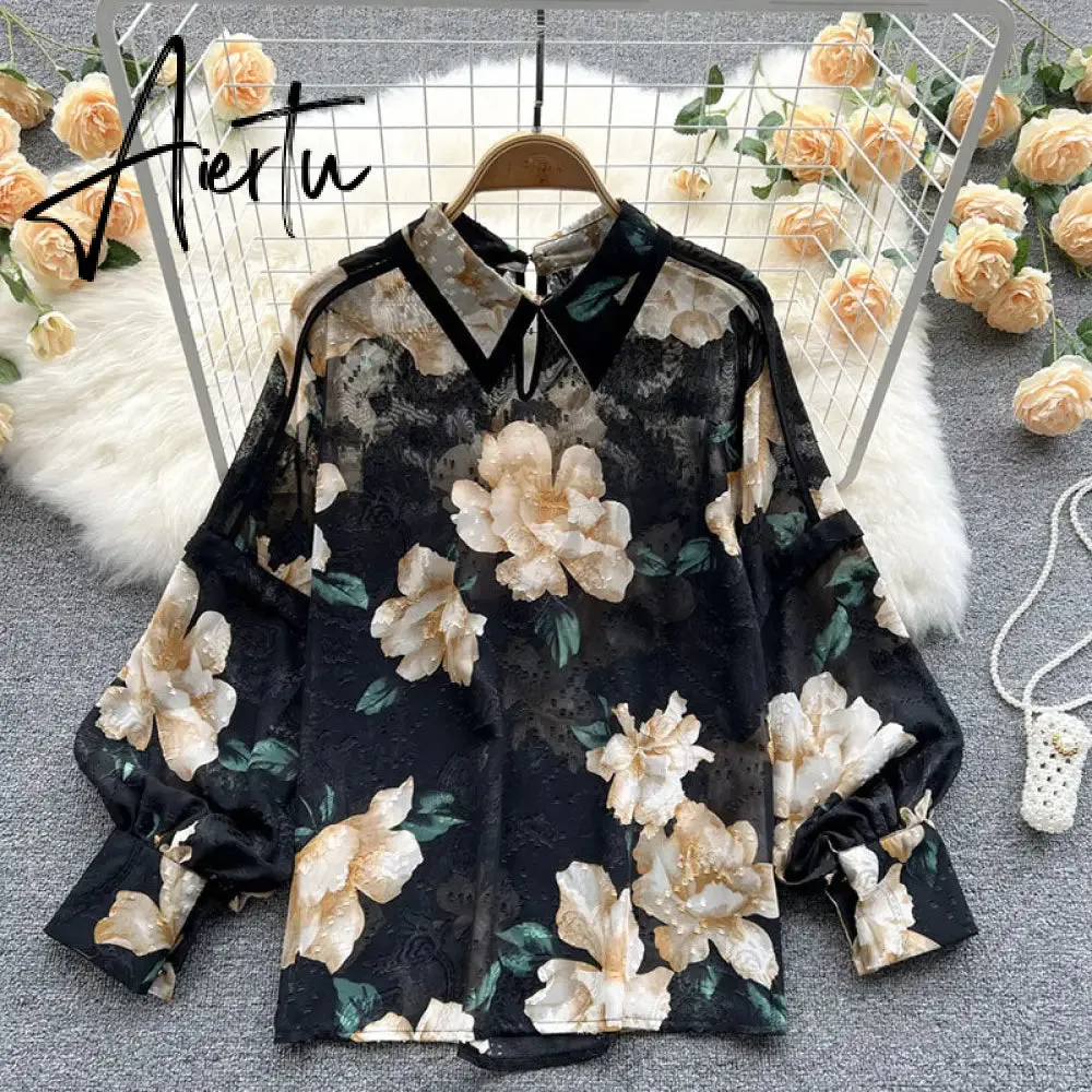 Autumn Puff Sleeve Shirts Blouse Women Floral Long Sleeve Lapel Buttons Vintage Shirts Elegant Blouses Tops Female GD631