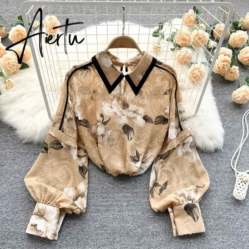 Autumn Puff Sleeve Shirts Blouse Women Floral Long Sleeve Lapel Buttons Vintage Shirts Elegant Blouses Tops Female GD631