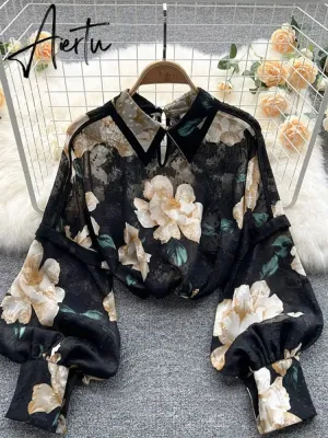 Autumn Puff Sleeve Shirts Blouse Women Floral Long Sleeve Lapel Buttons Vintage Shirts Elegant Blouses Tops Female GD631