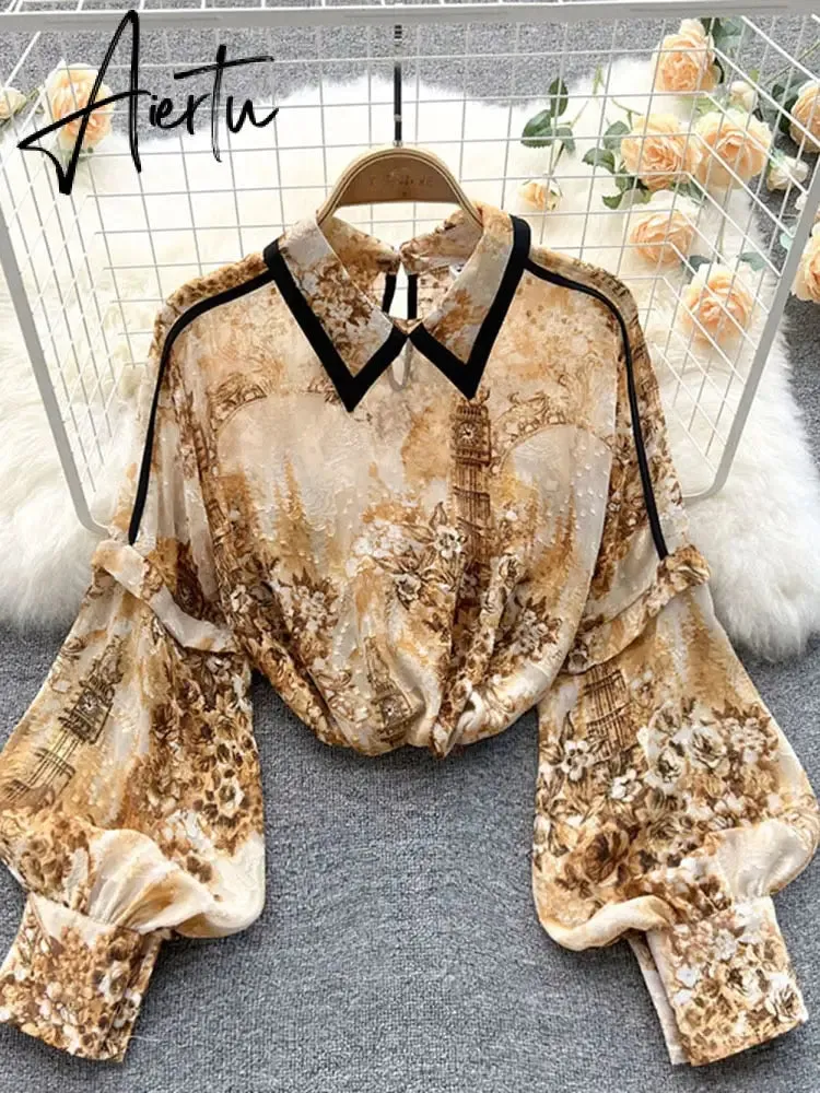 Autumn Puff Sleeve Shirts Blouse Women Floral Long Sleeve Lapel Buttons Vintage Shirts Elegant Blouses Tops Female GD631