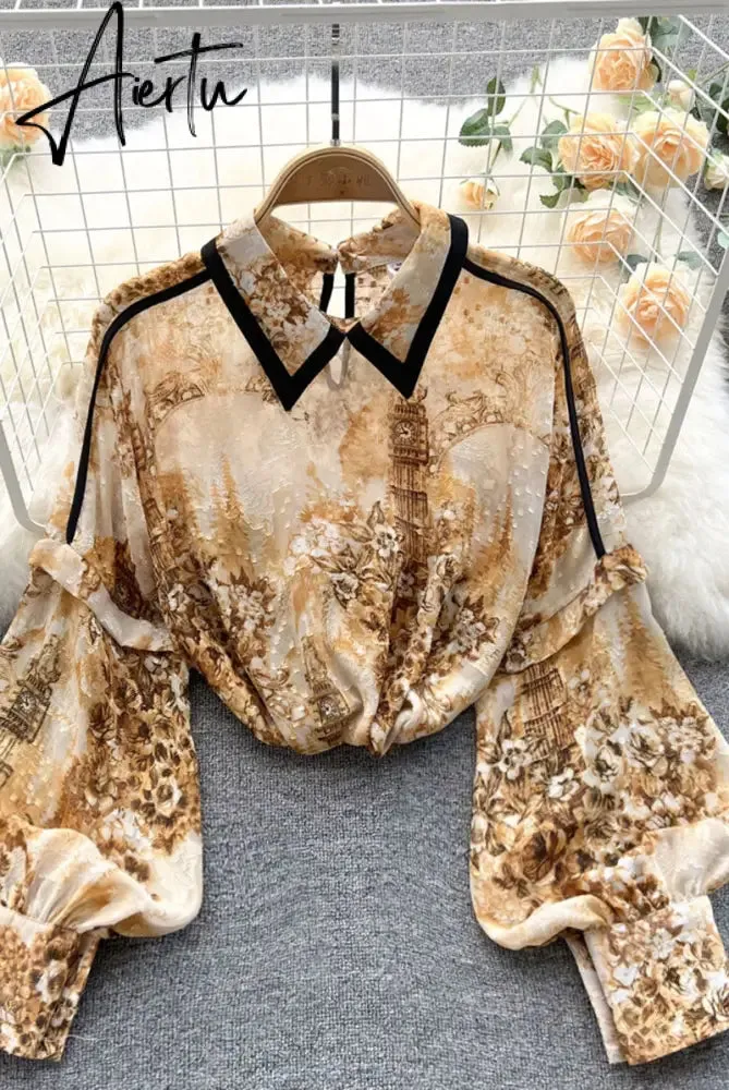 Autumn Puff Sleeve Shirts Blouse Women Floral Long Sleeve Lapel Buttons Vintage Shirts Elegant Blouses Tops Female GD631