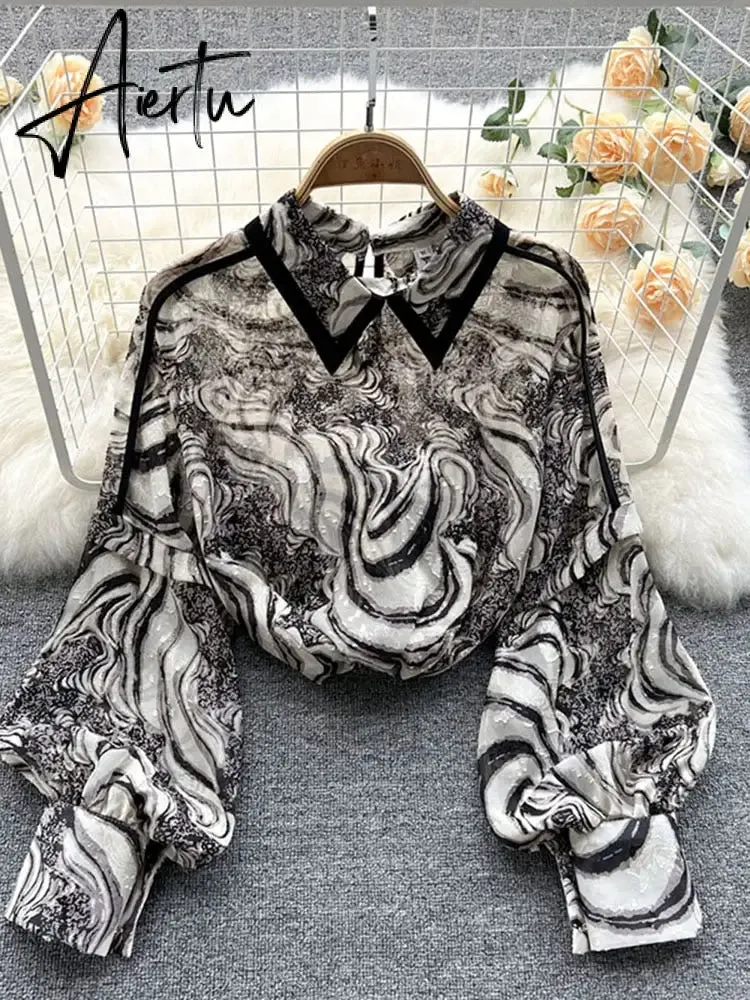 Autumn Puff Sleeve Shirts Blouse Women Floral Long Sleeve Lapel Buttons Vintage Shirts Elegant Blouses Tops Female GD631