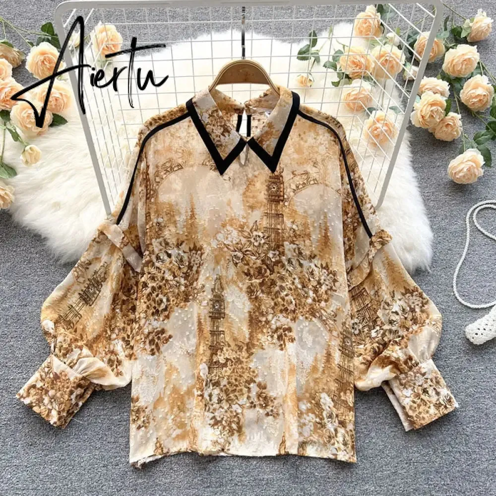 Autumn Puff Sleeve Shirts Blouse Women Floral Long Sleeve Lapel Buttons Vintage Shirts Elegant Blouses Tops Female GD631