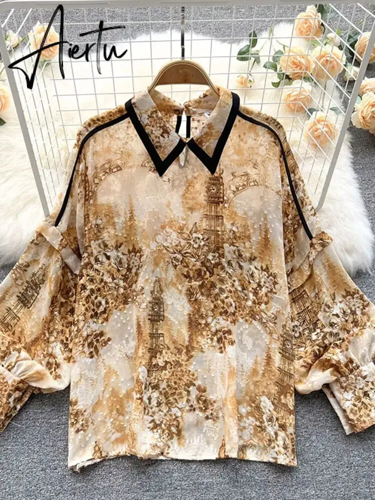 Autumn Puff Sleeve Shirts Blouse Women Floral Long Sleeve Lapel Buttons Vintage Shirts Elegant Blouses Tops Female GD631