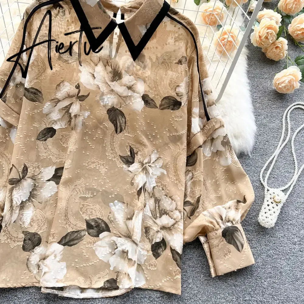 Autumn Puff Sleeve Shirts Blouse Women Floral Long Sleeve Lapel Buttons Vintage Shirts Elegant Blouses Tops Female GD631