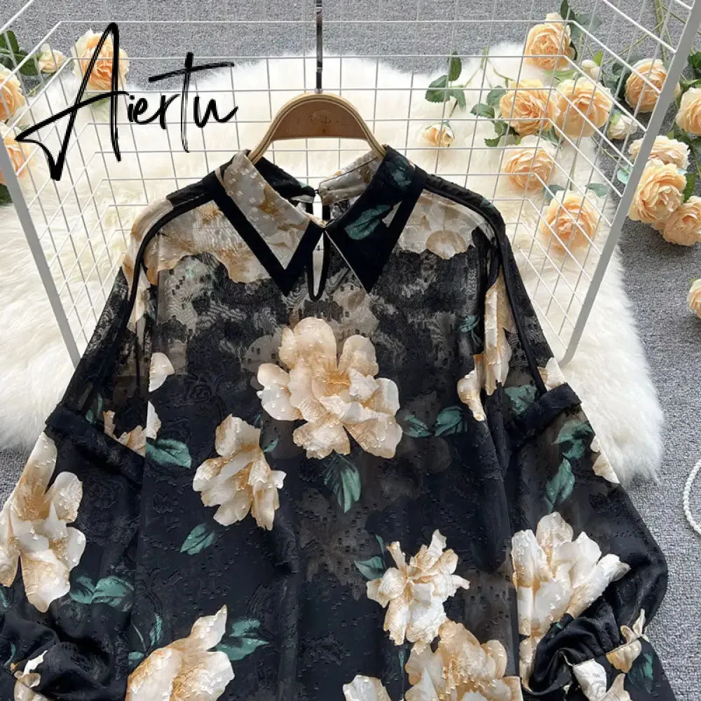 Autumn Puff Sleeve Shirts Blouse Women Floral Long Sleeve Lapel Buttons Vintage Shirts Elegant Blouses Tops Female GD631