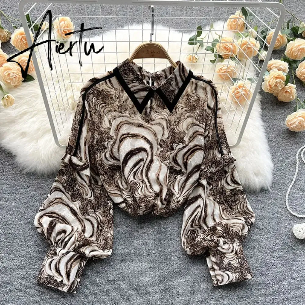 Autumn Puff Sleeve Shirts Blouse Women Floral Long Sleeve Lapel Buttons Vintage Shirts Elegant Blouses Tops Female GD631