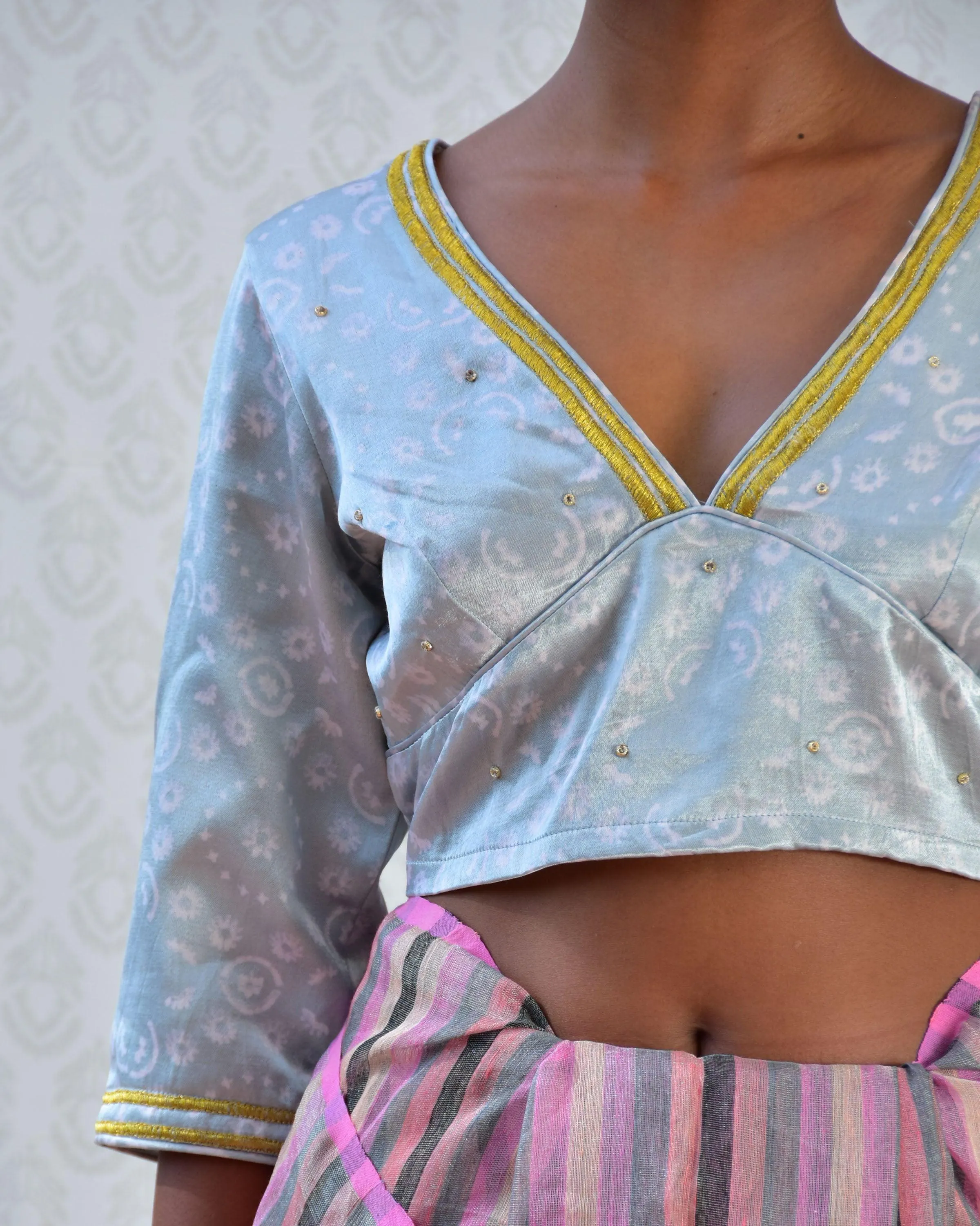 Baby Blue Handblockprinted Mashru Silk Blouse - Bgvl