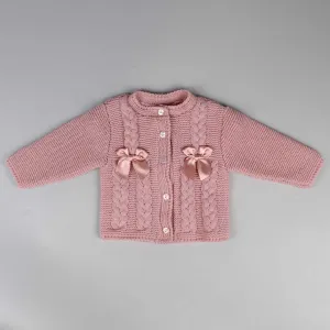 Baby Girls Cardigan With Cable Knit & Bows - Dusky Pink