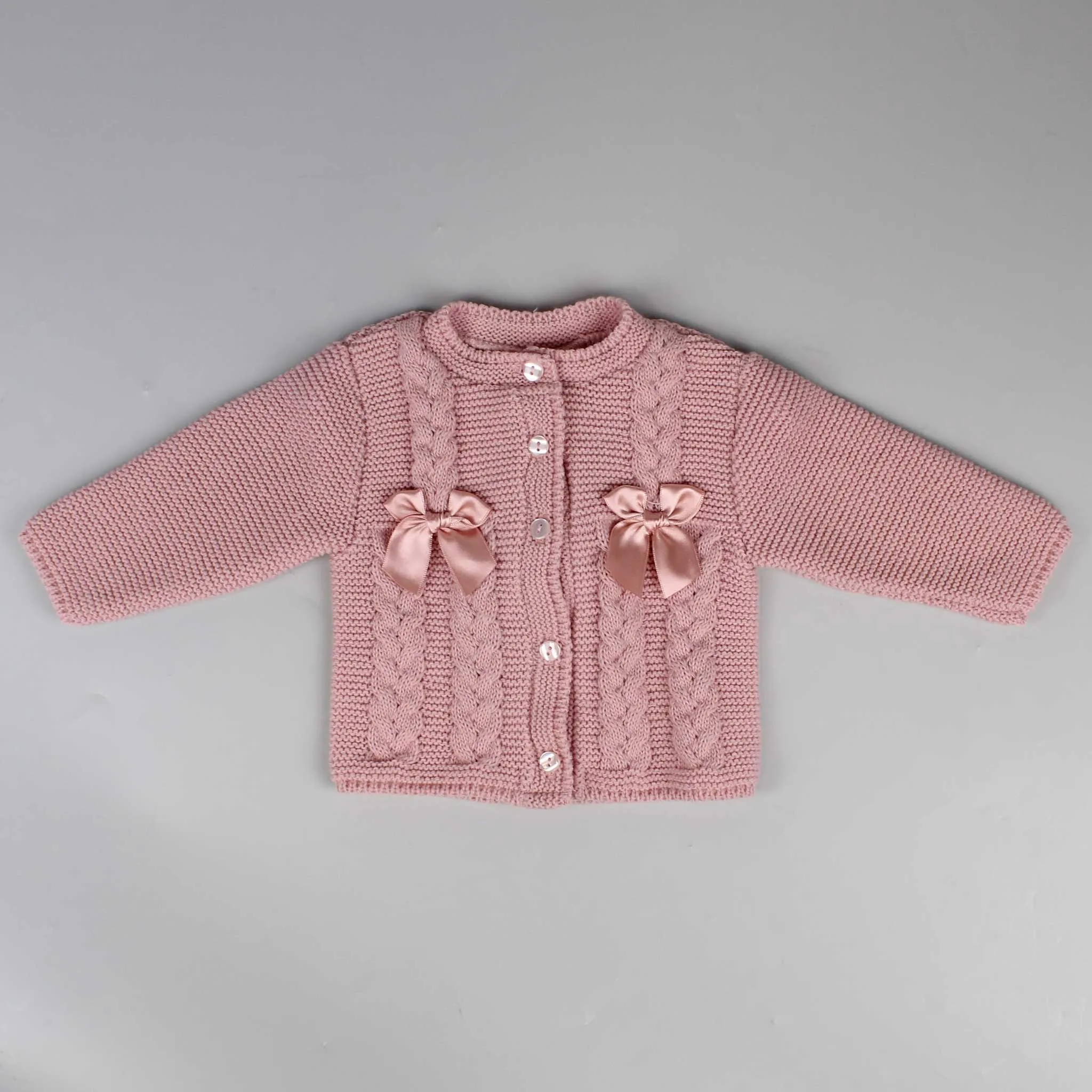 Baby Girls Cardigan With Cable Knit & Bows - Dusky Pink