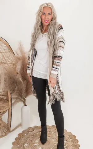 Beige Khaki Bohemian Tribal Stripe Cardigan w/ Fringe