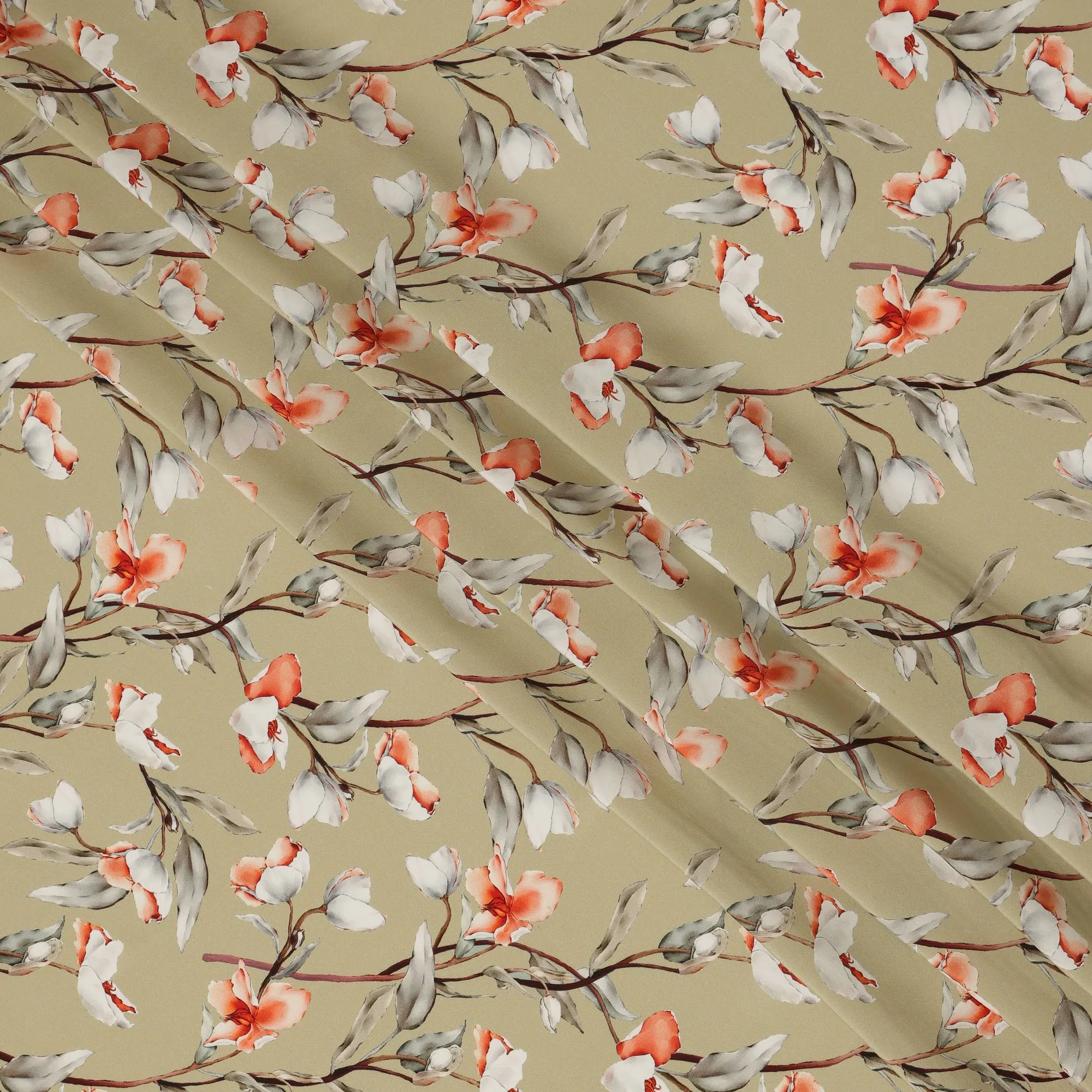 Beige Viscose Fabric with White and Coral Floral Digital Print, 110 cm Width-D20634