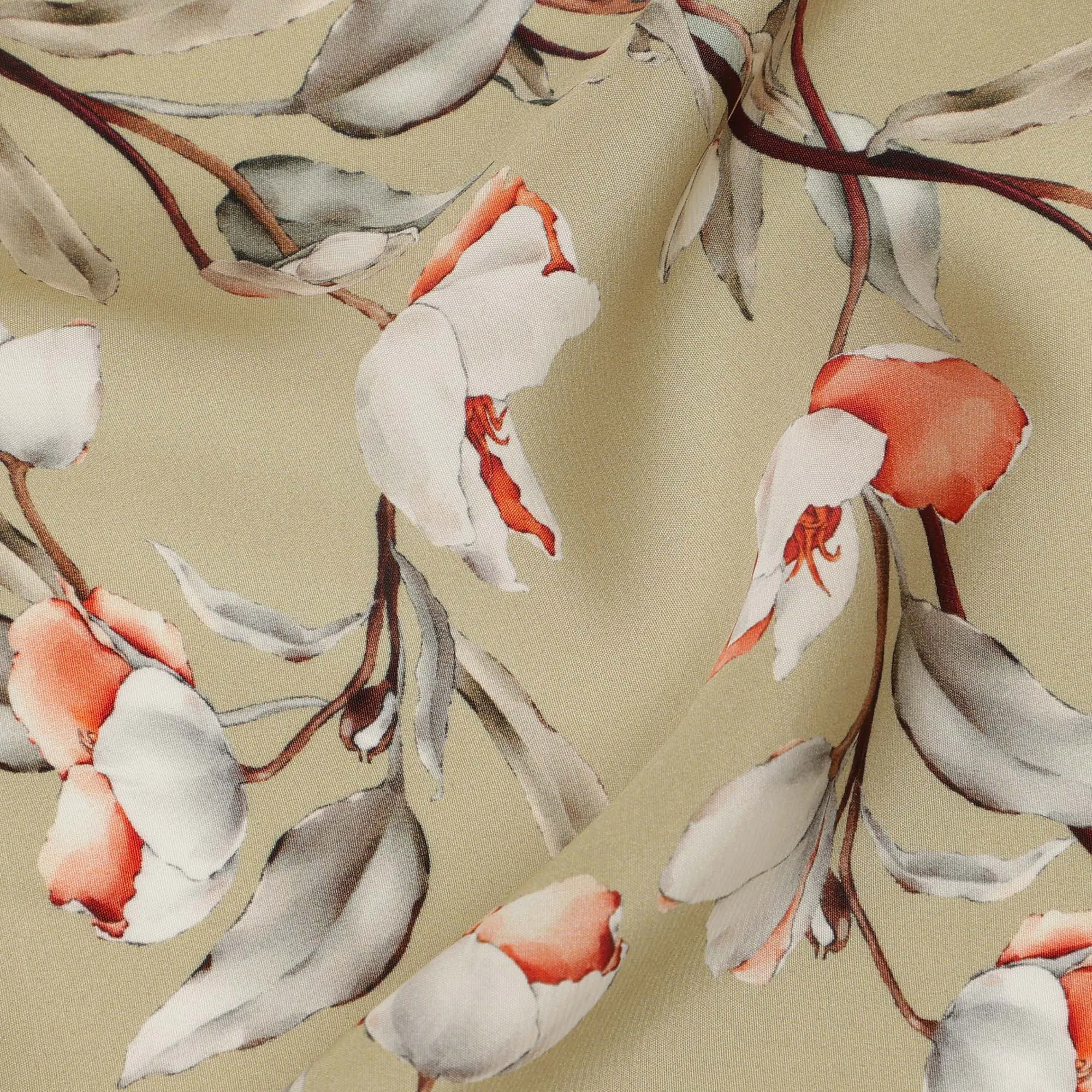 Beige Viscose Fabric with White and Coral Floral Digital Print, 110 cm Width-D20634