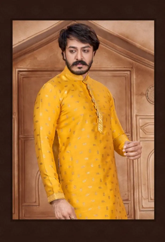 Beige Woven Art Silk Jacquard Kurta Set - Rent