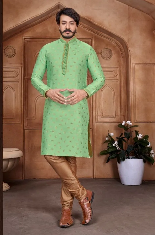 Beige Woven Art Silk Jacquard Kurta Set - Rent