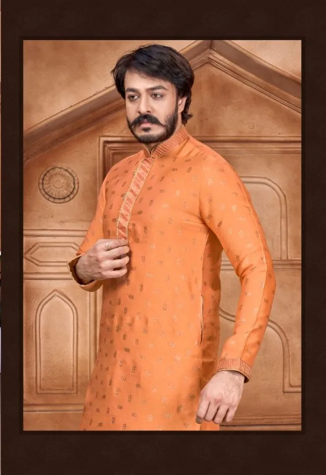 Beige Woven Art Silk Jacquard Kurta Set - Rent