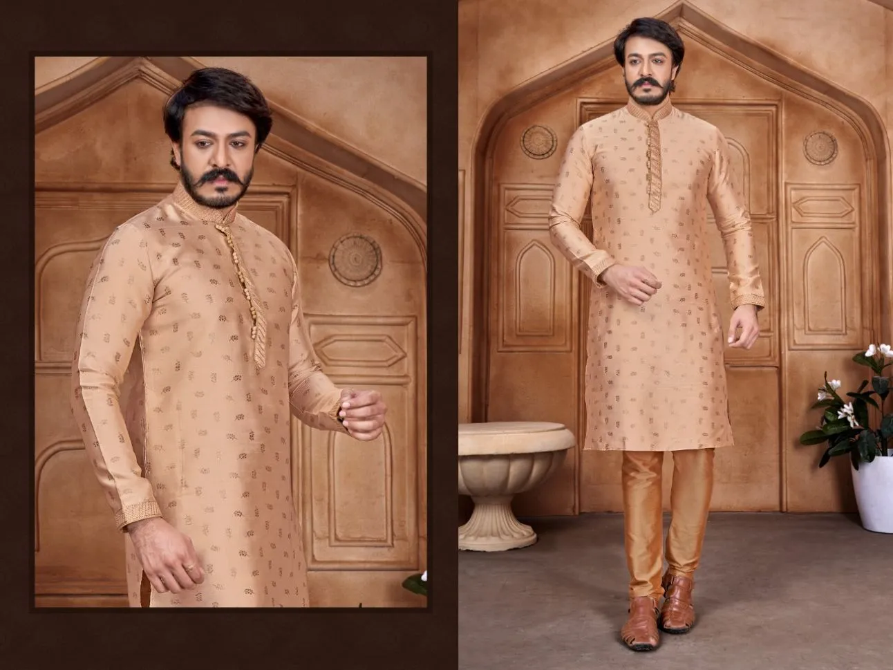 Beige Woven Art Silk Jacquard Kurta Set - Rent