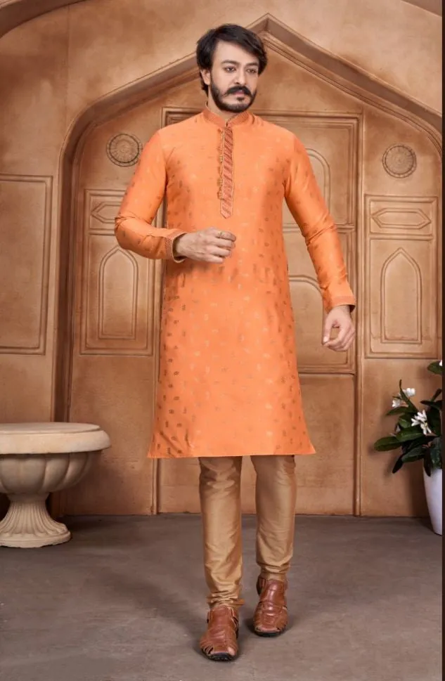 Beige Woven Art Silk Jacquard Kurta Set - Rent