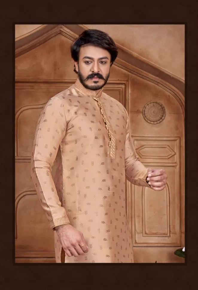 Beige Woven Art Silk Jacquard Kurta Set - Rent