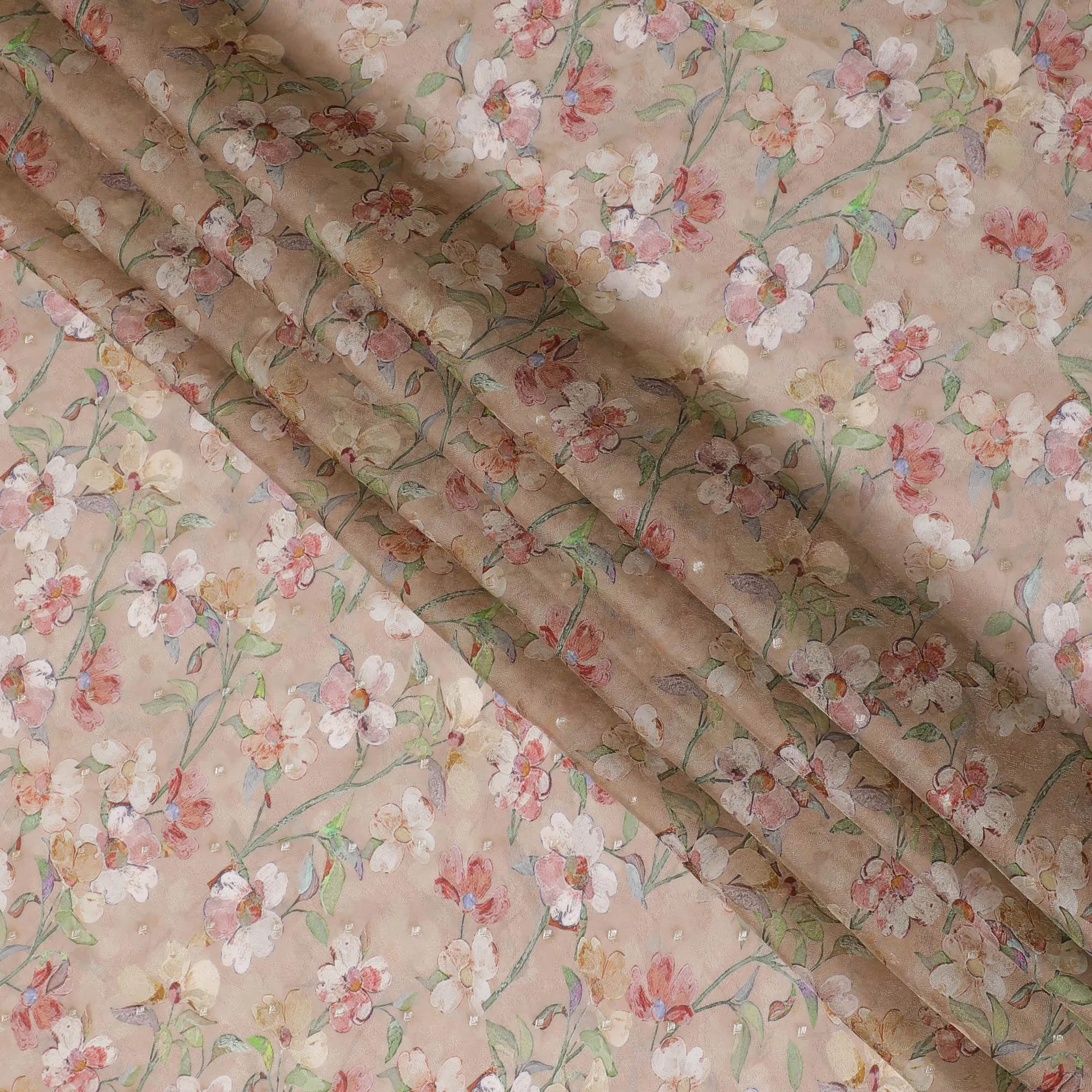 Blush Pink Floral Synthetic Organza Fabric - 110 cm Width, Made in India-D19653