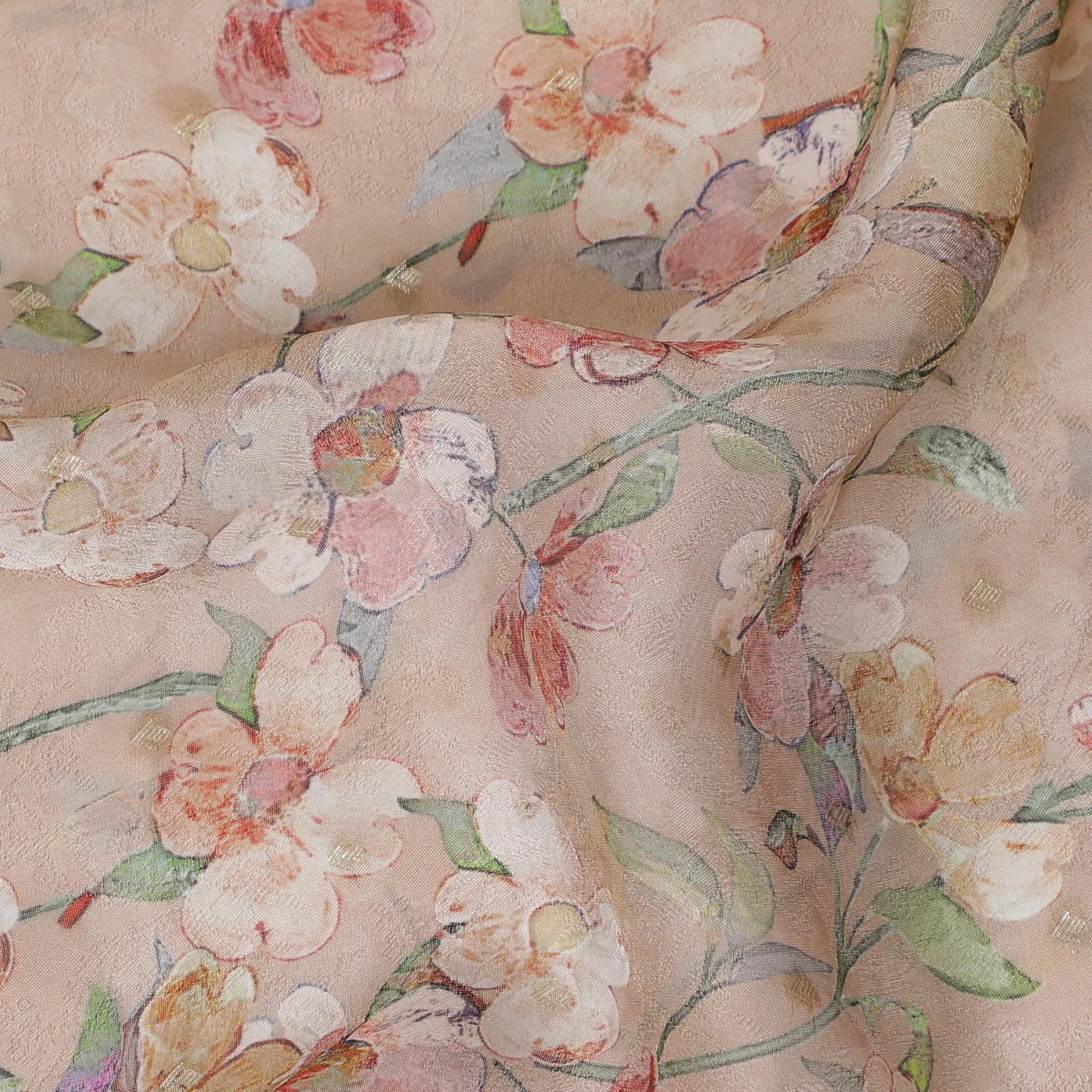 Blush Pink Floral Synthetic Organza Fabric - 110 cm Width, Made in India-D19653