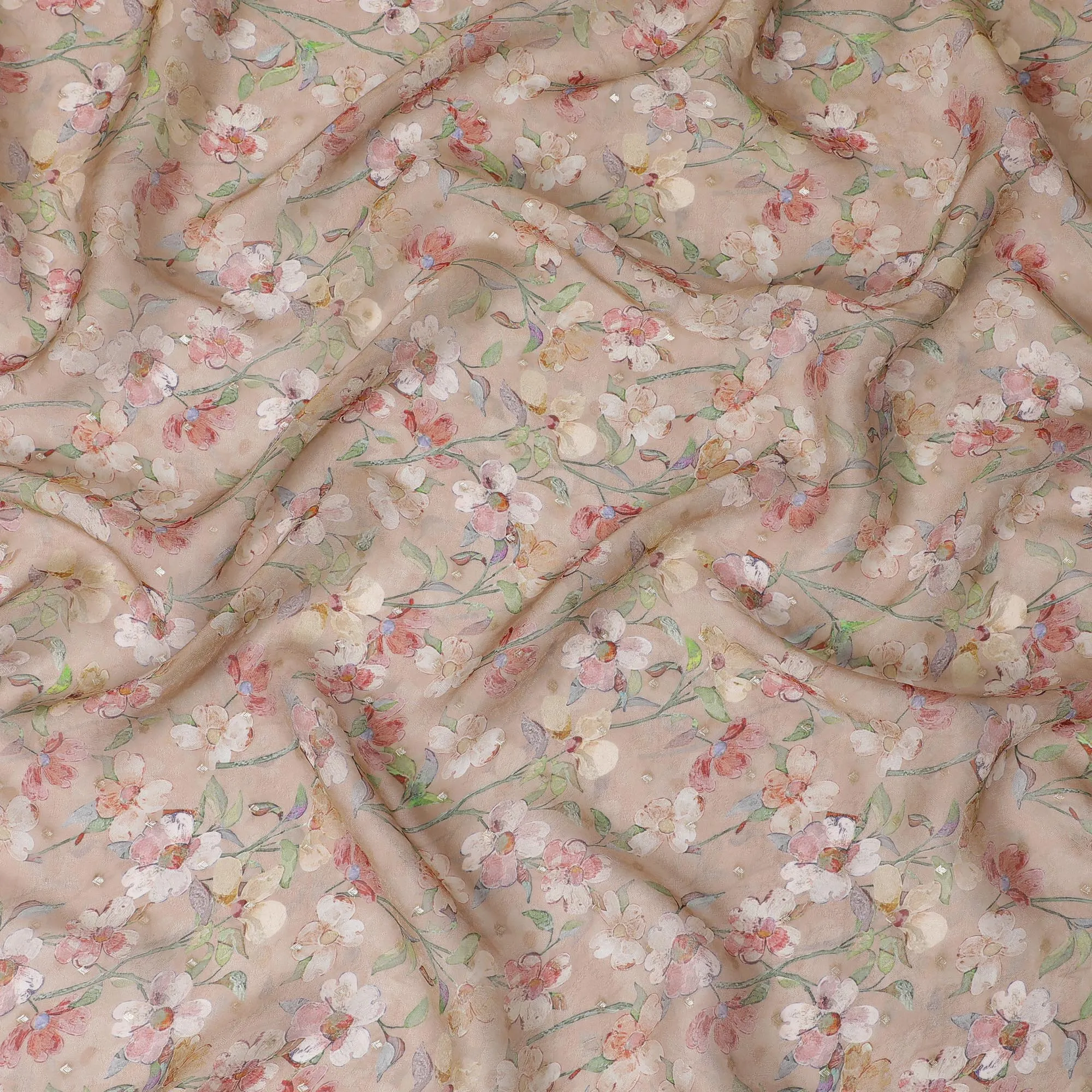 Blush Pink Floral Synthetic Organza Fabric - 110 cm Width, Made in India-D19653