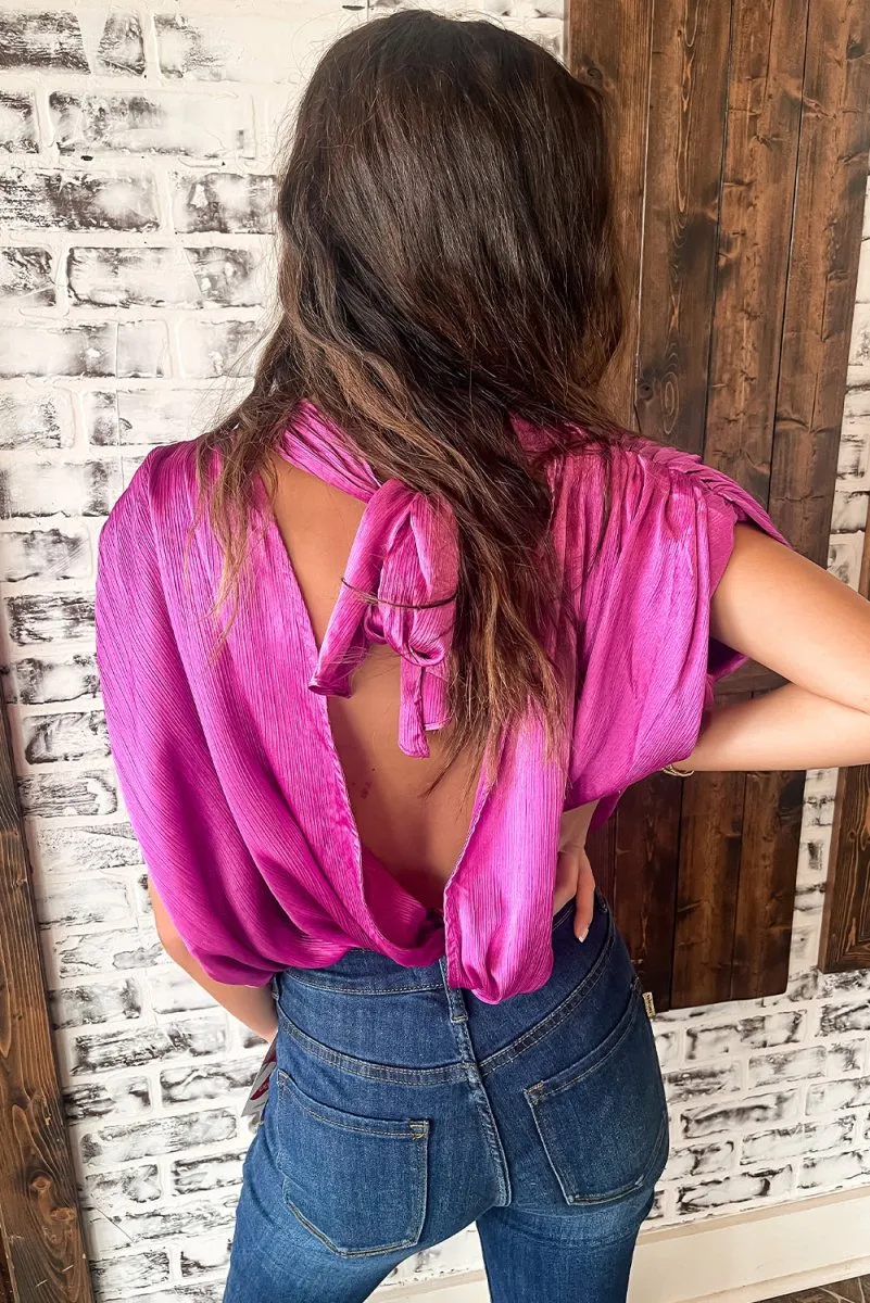 Bright Pink Knotted Backless Blouse