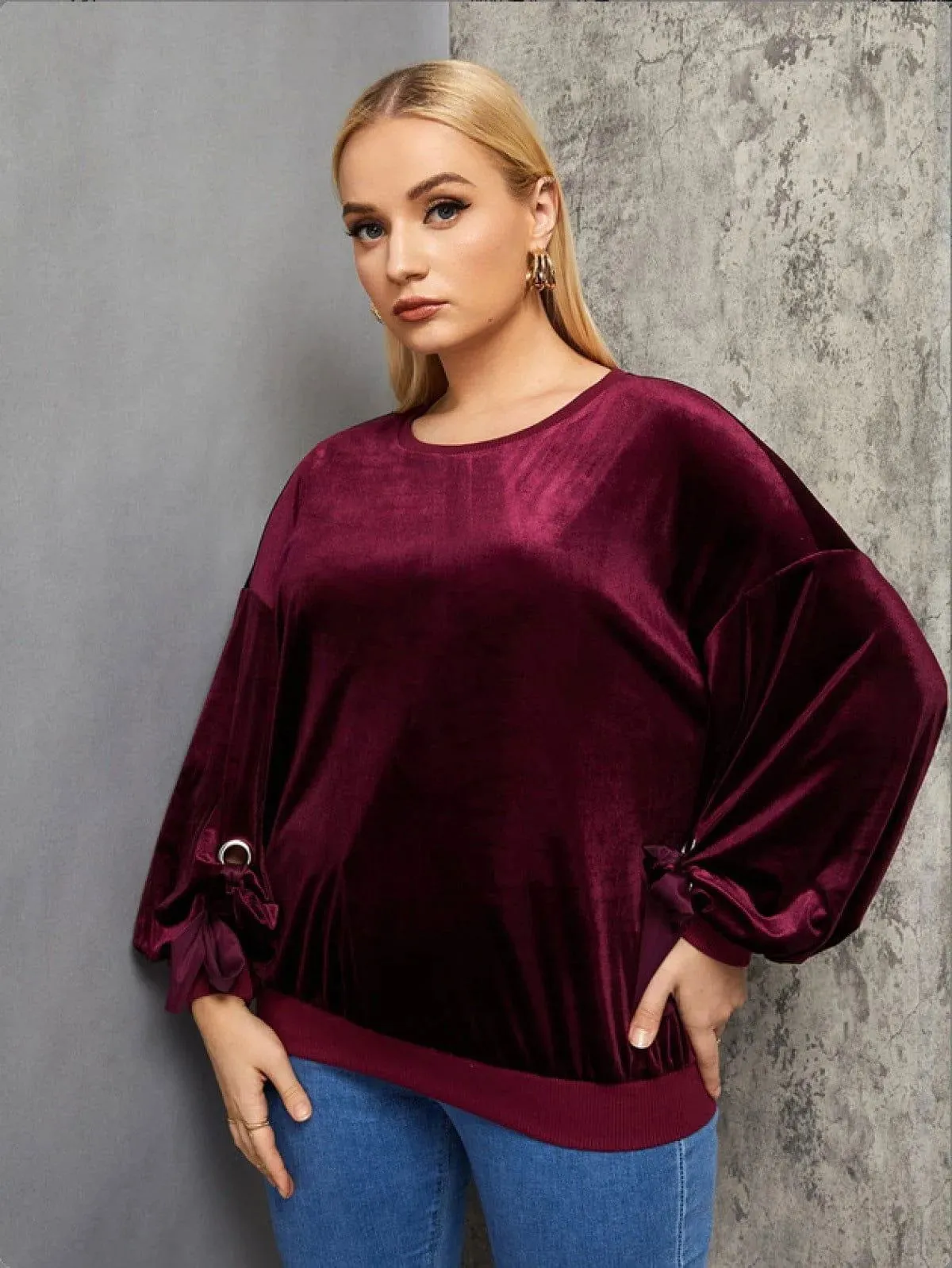 Burgundy Round Neck Lantern Tie Sleeve Velvet Blouse