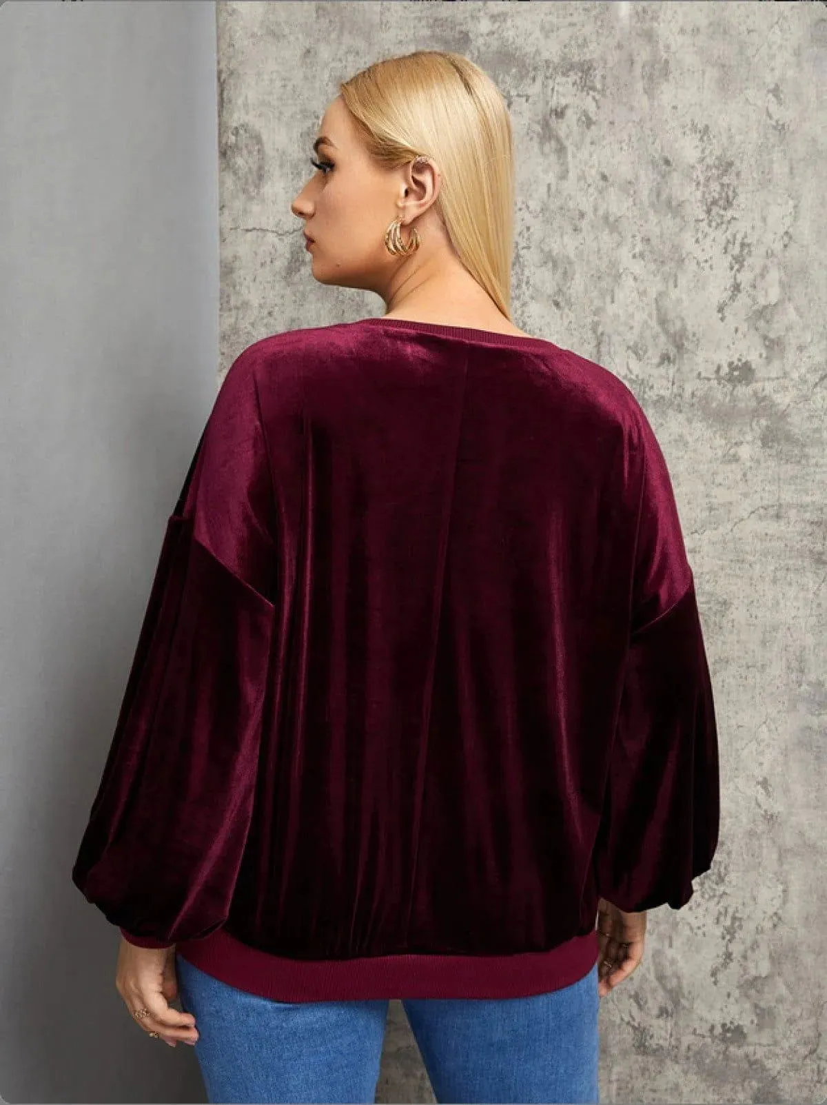 Burgundy Round Neck Lantern Tie Sleeve Velvet Blouse