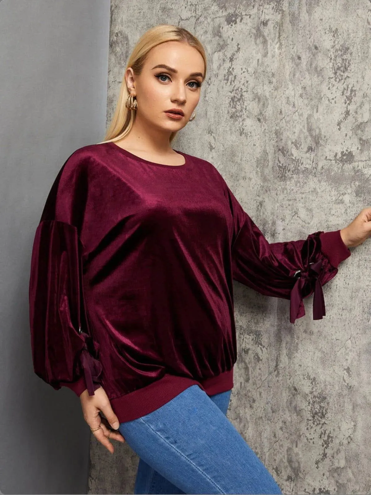 Burgundy Round Neck Lantern Tie Sleeve Velvet Blouse