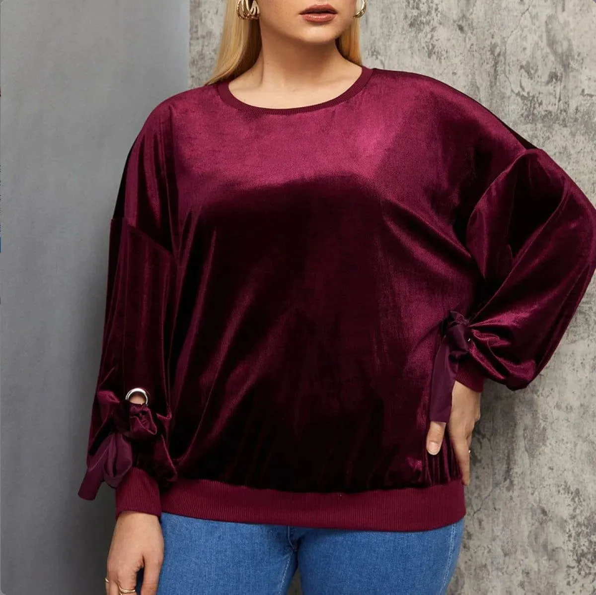 Burgundy Round Neck Lantern Tie Sleeve Velvet Blouse