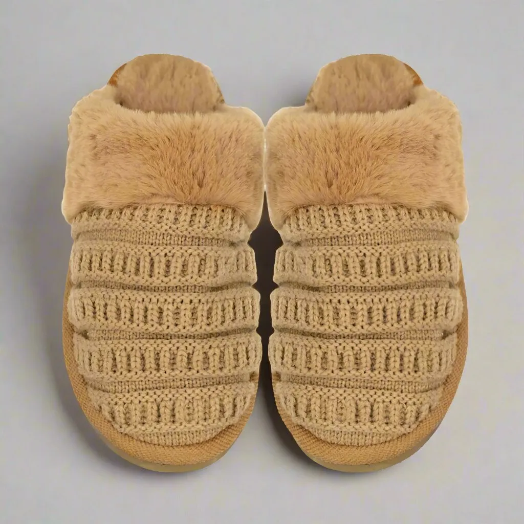 C.C Ribbed Pattern Knitted Slippers with Faux Fur Lining in Camel