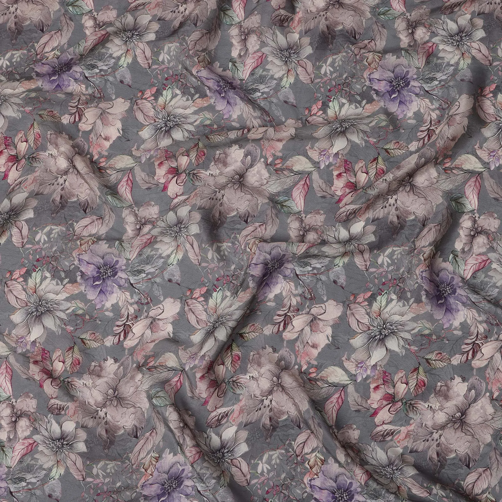 Charcoal Grey Viscose Digital Printed Fabric with Artistic Floral Design, 110 cm Width-D21309