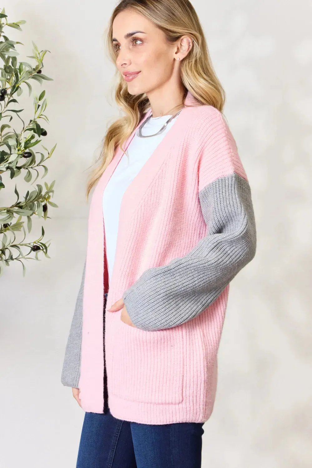 Contrast Open Front Cardigan with Pockets