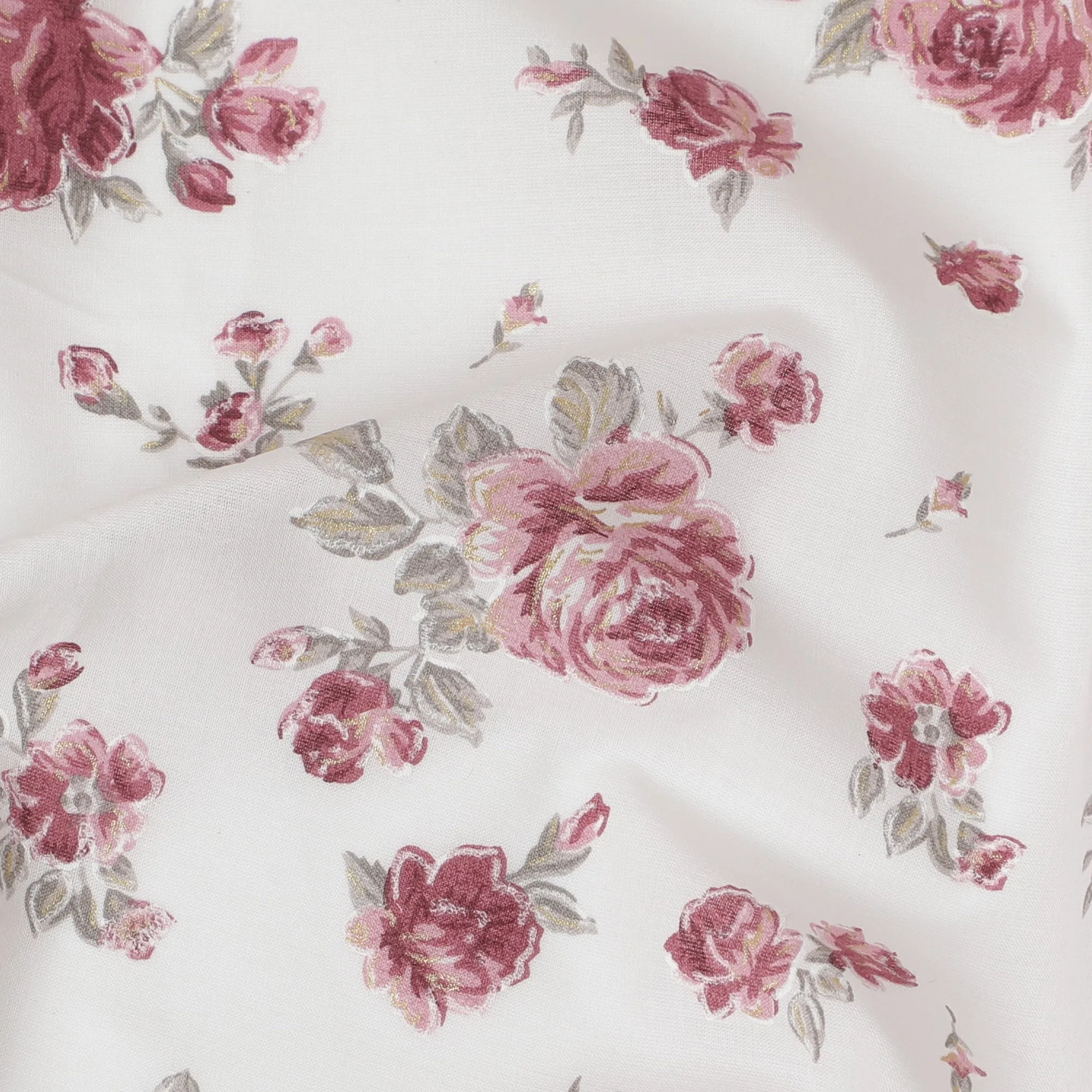 Cotton Lawn Fabric, 110 cm Width, White with Pink Rose Design-D19967