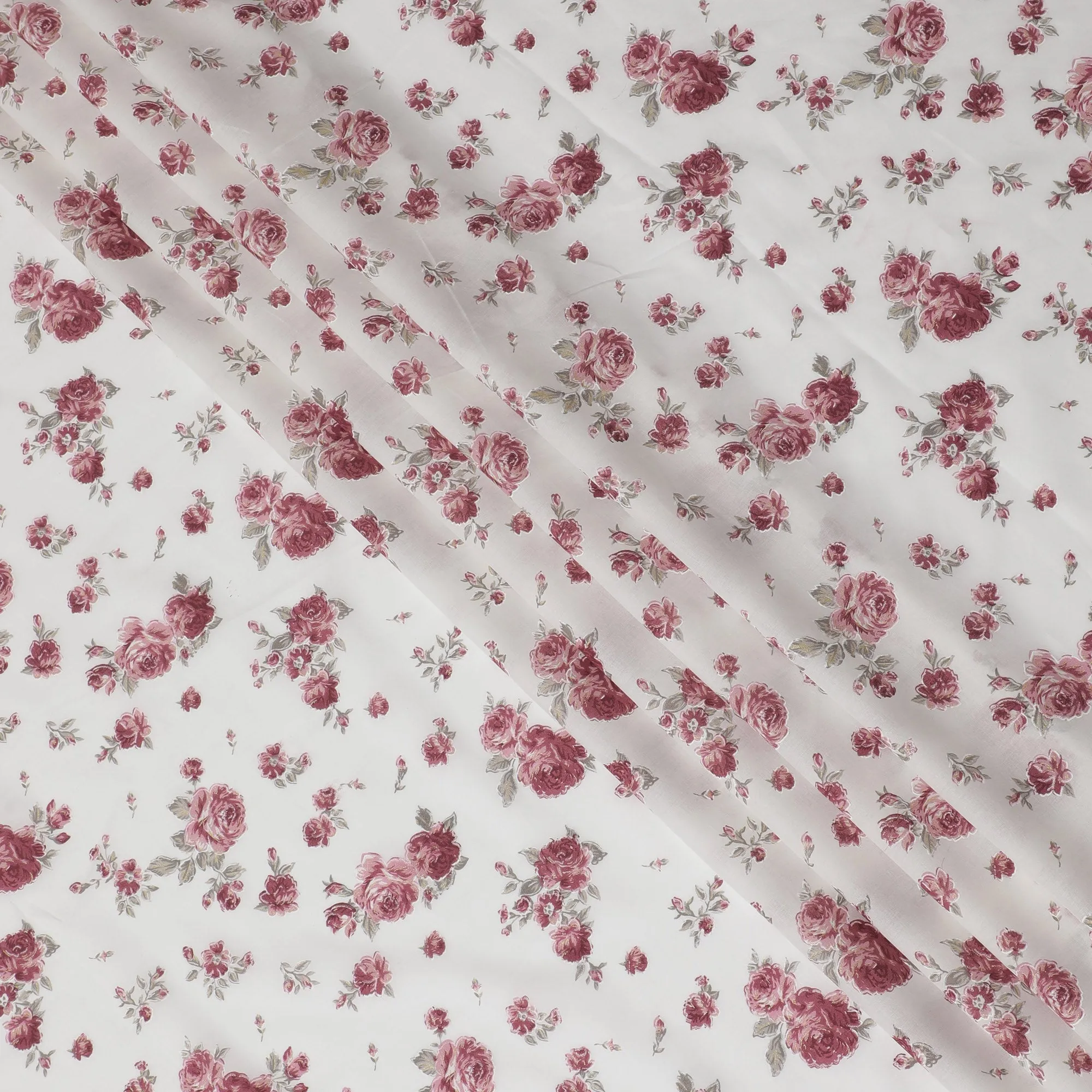 Cotton Lawn Fabric, 110 cm Width, White with Pink Rose Design-D19967