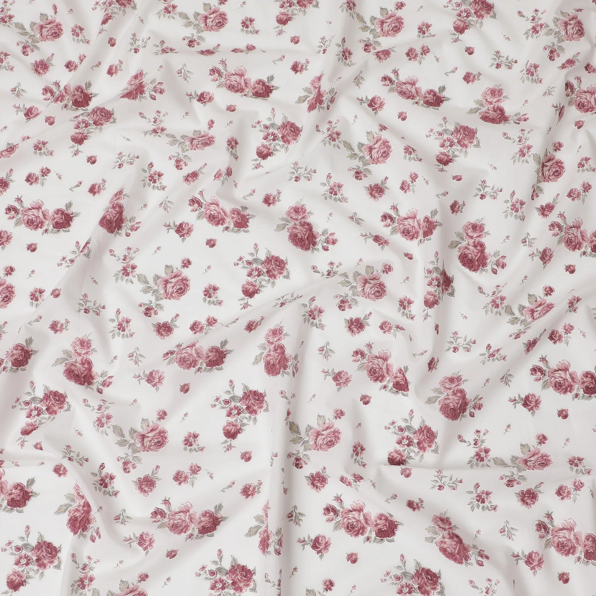 Cotton Lawn Fabric, 110 cm Width, White with Pink Rose Design-D19967